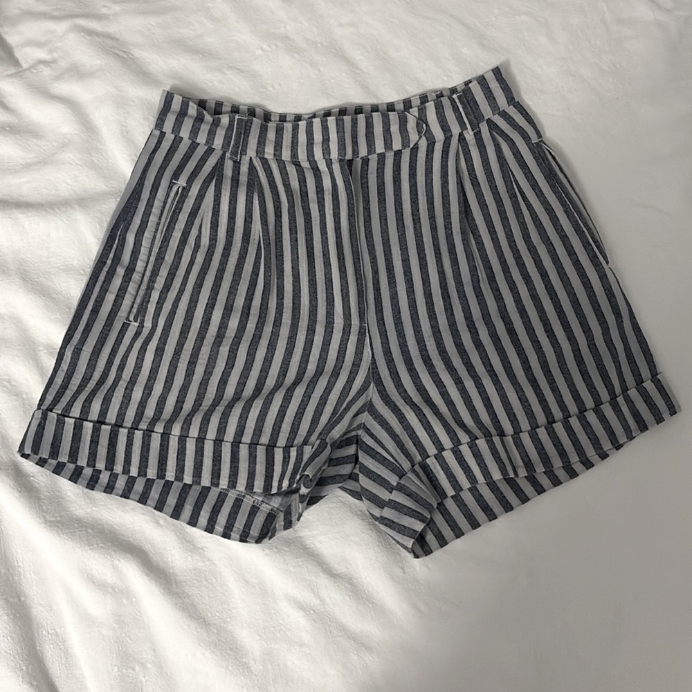 Mango Linen High Waist Blue Striped Short - 4